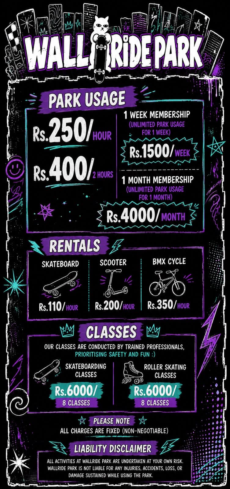 WallRide Park usage, rentals and classes pricing